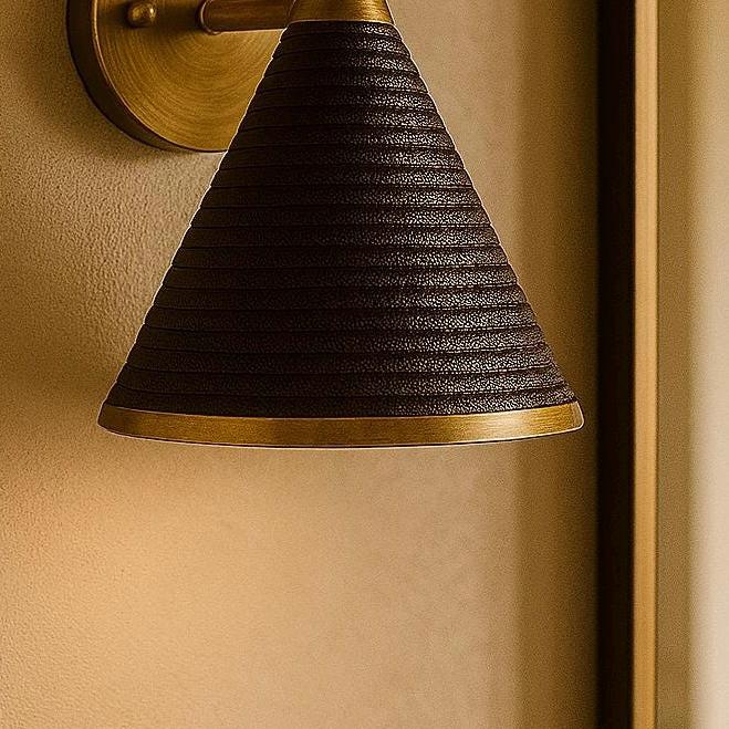 Modern Brass Wall Sconce with Leather Cone Shade & Marble Accents, Minimalist Wall Light Fixture for Hallway, Bathroom, Bedroom or En