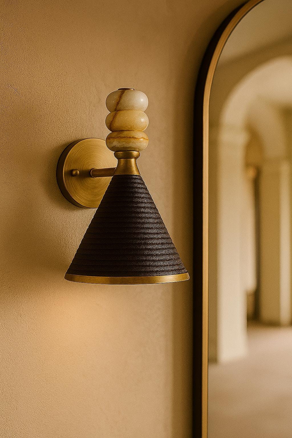 Modern Brass Wall Sconce with Leather Cone Shade & Marble Accents, Minimalist Wall Light Fixture for Hallway, Bathroom, Bedroom or En