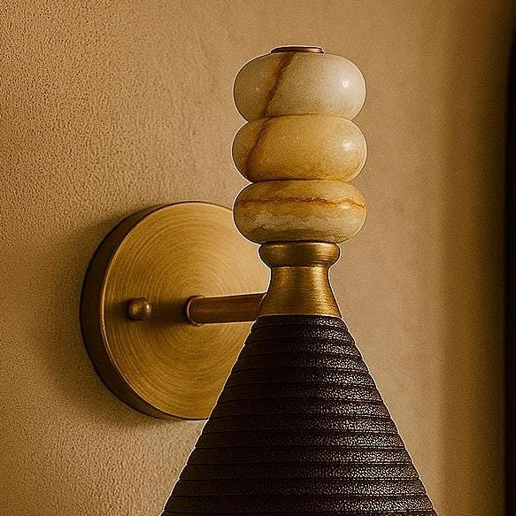 Modern Brass Wall Sconce with Leather Cone Shade & Marble Accents, Minimalist Wall Light Fixture for Hallway, Bathroom, Bedroom or En