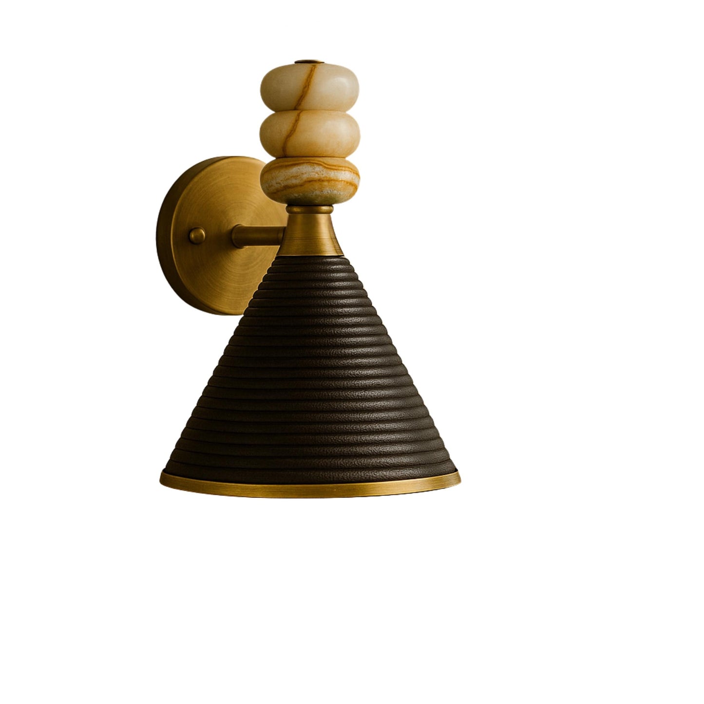 Modern Brass Wall Sconce with Leather Cone Shade & Marble Accents, Minimalist Wall Light Fixture for Hallway, Bathroom, Bedroom or En