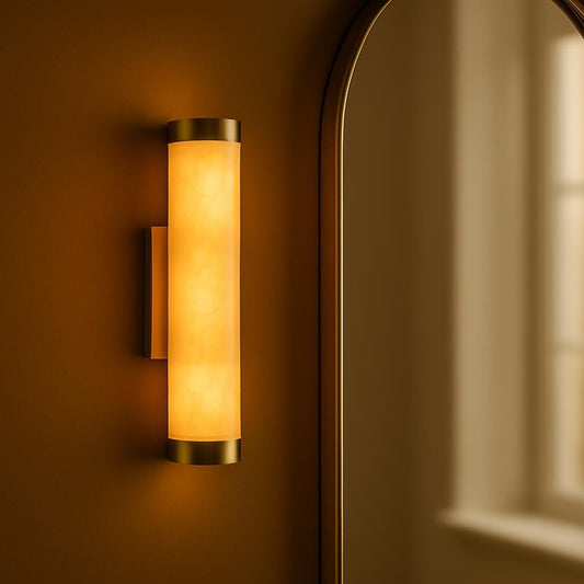 Mid Century Modern Alabaster Wall Sconce, Brass Wall Sconce Light, Cylinder Wall Light Sconce, Indoor Wall lamp, Hallway Sconce