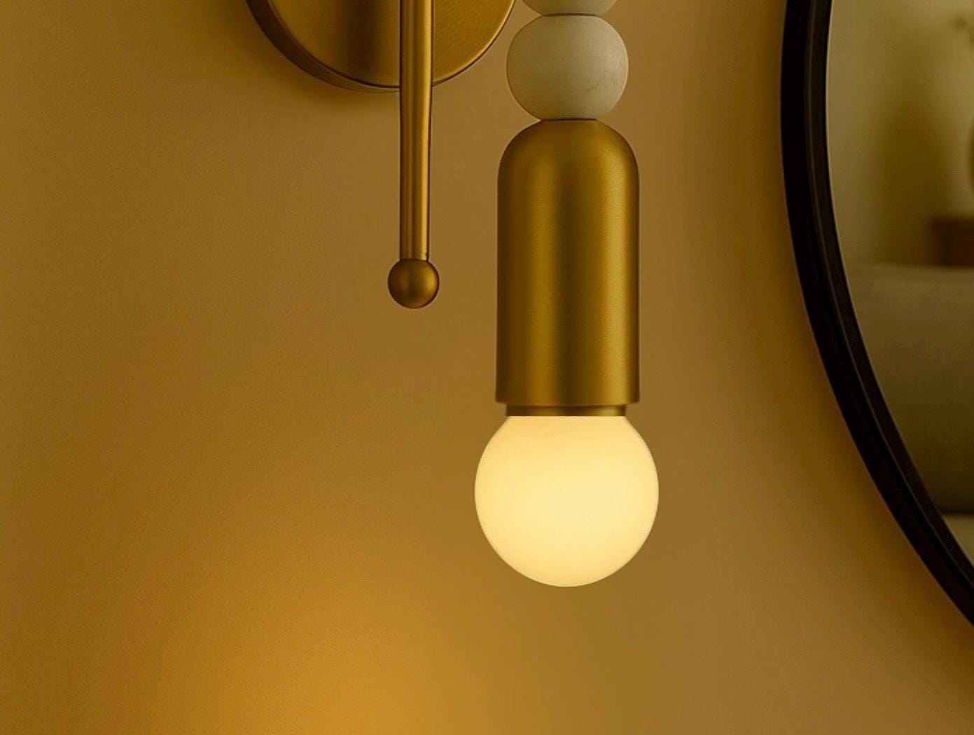 Arc Glow Wall Sconce, Modern Brass and Marble Vanity Light, Curved Arm Bedside Lamp, Minimalist Lighting Fixture for Living Room or Bathroom