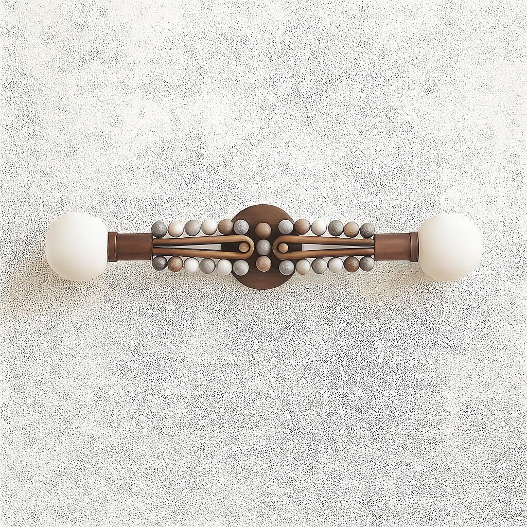 Mid-Century Modern Double Globe Wall Sconce Light, Handmade Brass Vanity Light, Marble Bead Fixture for Bathroom, Hallway, or Office Decor