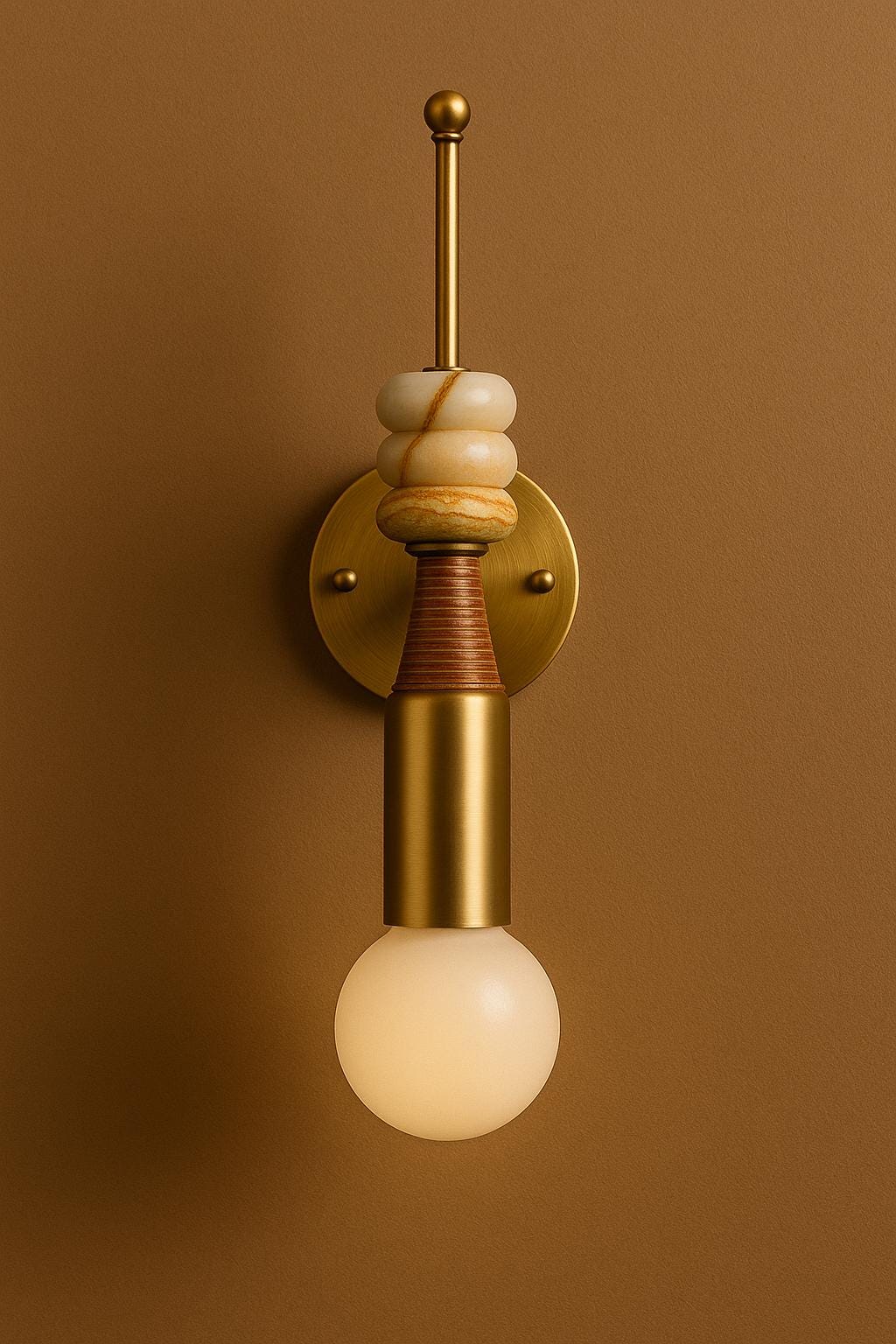 Brass Wall Sconce with Marble and Leather Wrap, Modern Bedside Light Fixture, Luxury Wall Lamp, Minimalist Lighting for Bedroom