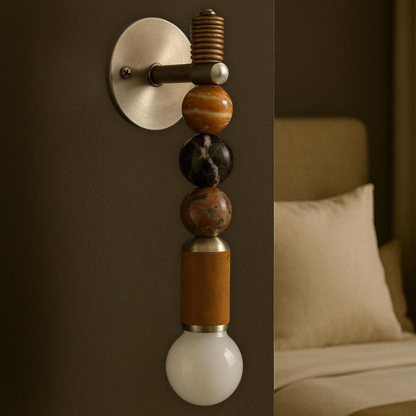 Marble Stone Wall Sconce Light, Brass Wall Light Sconce, Handcrafted Wall Lamp leather coated, Indoor Wall Light, Bathroom Lights