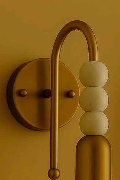 Arc Glow Wall Sconce, Modern Brass and Marble Vanity Light, Curved Arm Bedside Lamp, Minimalist Lighting Fixture for Living Room or Bathroom