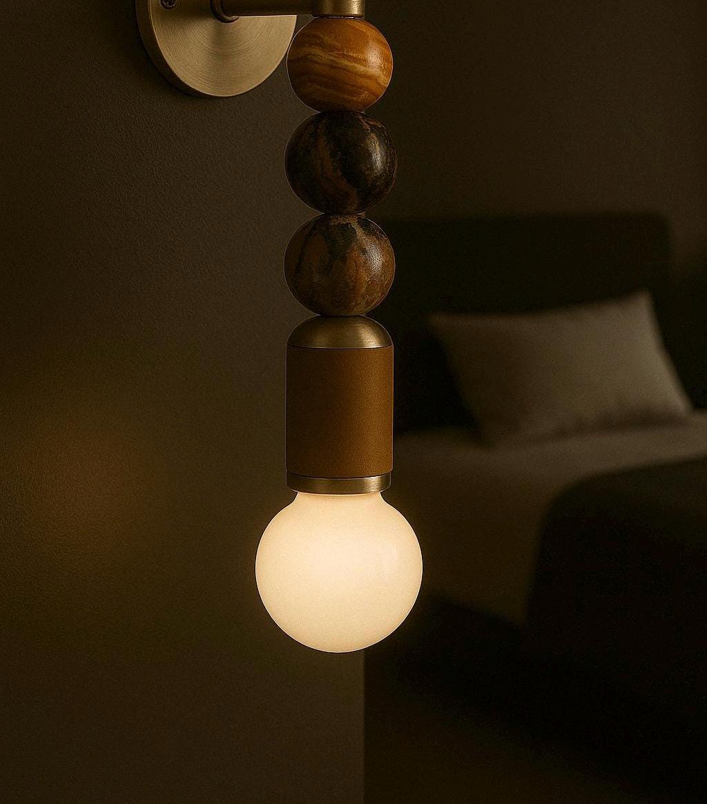 Marble Stone Wall Sconce Light, Brass Wall Light Sconce, Handcrafted Wall Lamp leather coated, Indoor Wall Light, Bathroom Lights