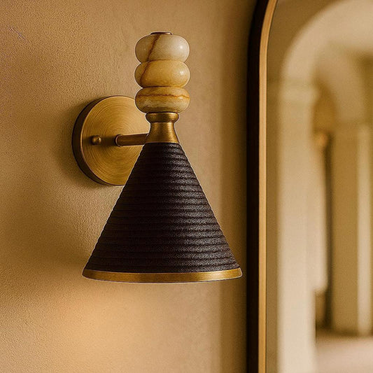Modern Brass Wall Sconce with Leather Cone Shade & Marble Accents, Minimalist Wall Light Fixture for Hallway, Bathroom, Bedroom or En