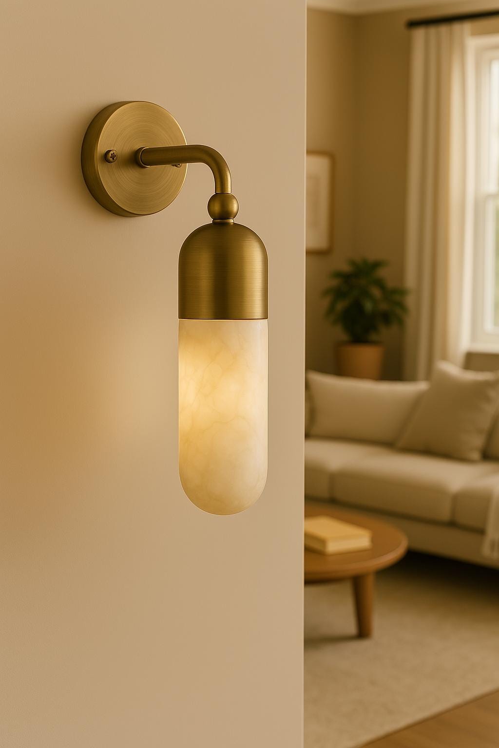 Modern Brass Finish Alabaster Stone Wall Sconce Light, Brass Wall Sconce Light, Cylinder Wall Light Sconce, Indoor Wall lamp, Hallway Sconce