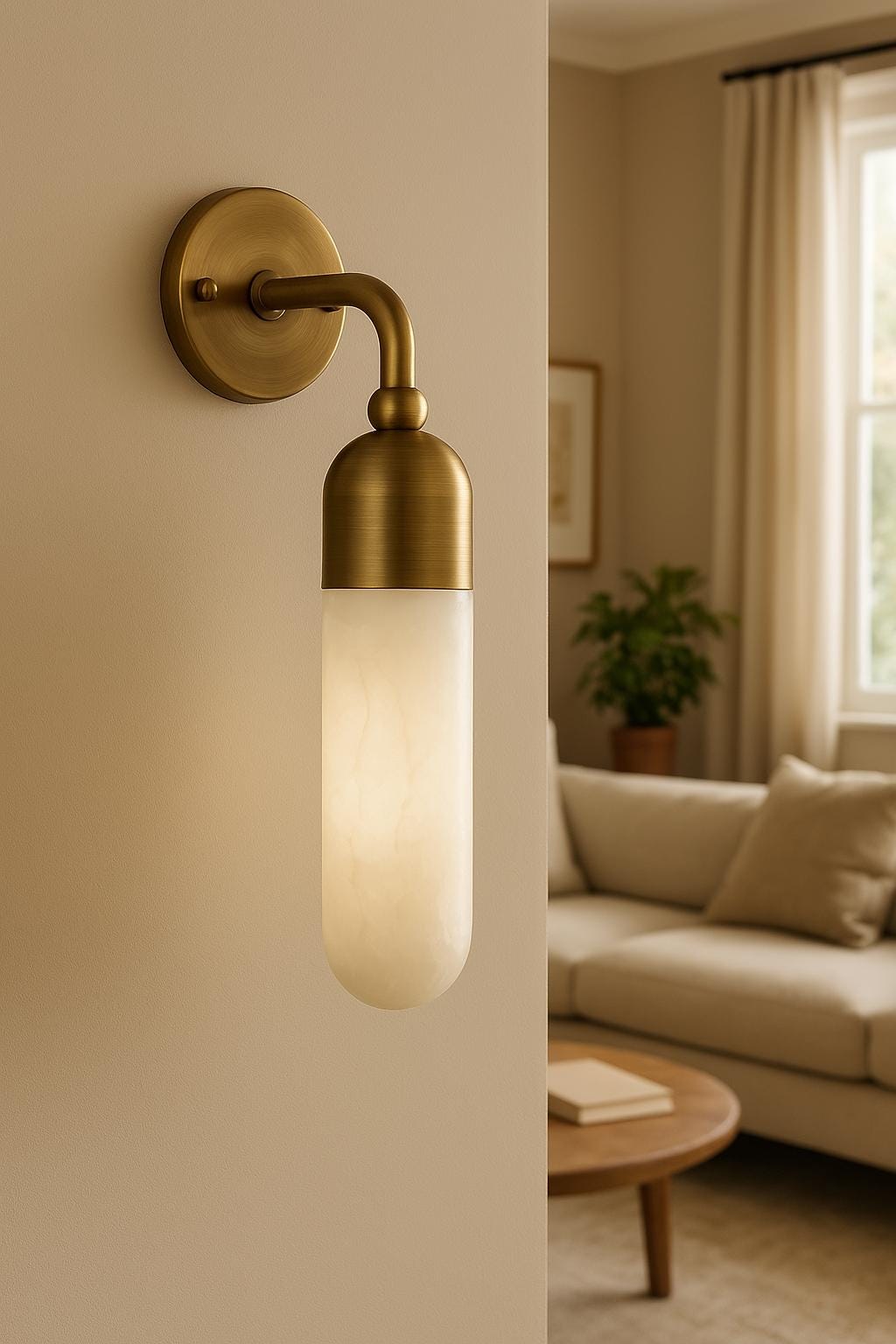 Modern Brass Finish Alabaster Stone Wall Sconce Light, Brass Wall Sconce Light, Cylinder Wall Light Sconce, Indoor Wall lamp, Hallway Sconce