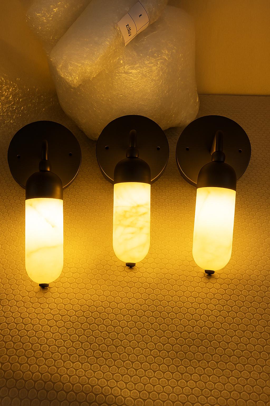 Modern Brass Finish Alabaster Stone Wall Sconce Light, Brass Wall Sconce Light, Cylinder Wall Light Sconce, Indoor Wall lamp, Hallway Sconce