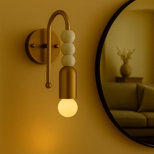 Arc Glow Wall Sconce, Modern Brass and Marble Vanity Light, Curved Arm Bedside Lamp, Minimalist Lighting Fixture for Living Room or Bathroom