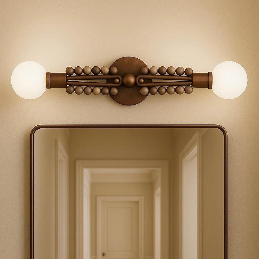 Mid-Century Modern Double Globe Wall Sconce Light, Handmade Brass Vanity Light, Marble Bead Fixture for Bathroom, Hallway, or Office Decor