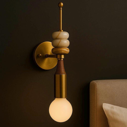 Brass Wall Sconce with Marble and Leather Wrap, Modern Bedside Light Fixture, Luxury Wall Lamp, Minimalist Lighting for Bedroom