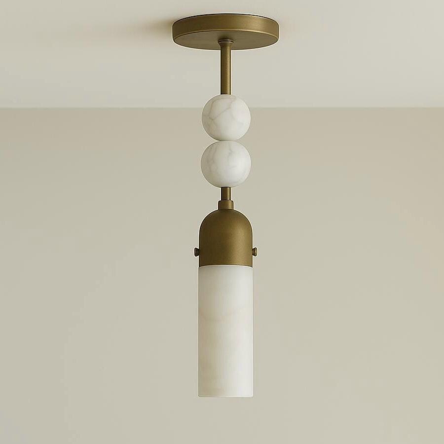 Brass pendant with two white marble spheres and frosted glass shade