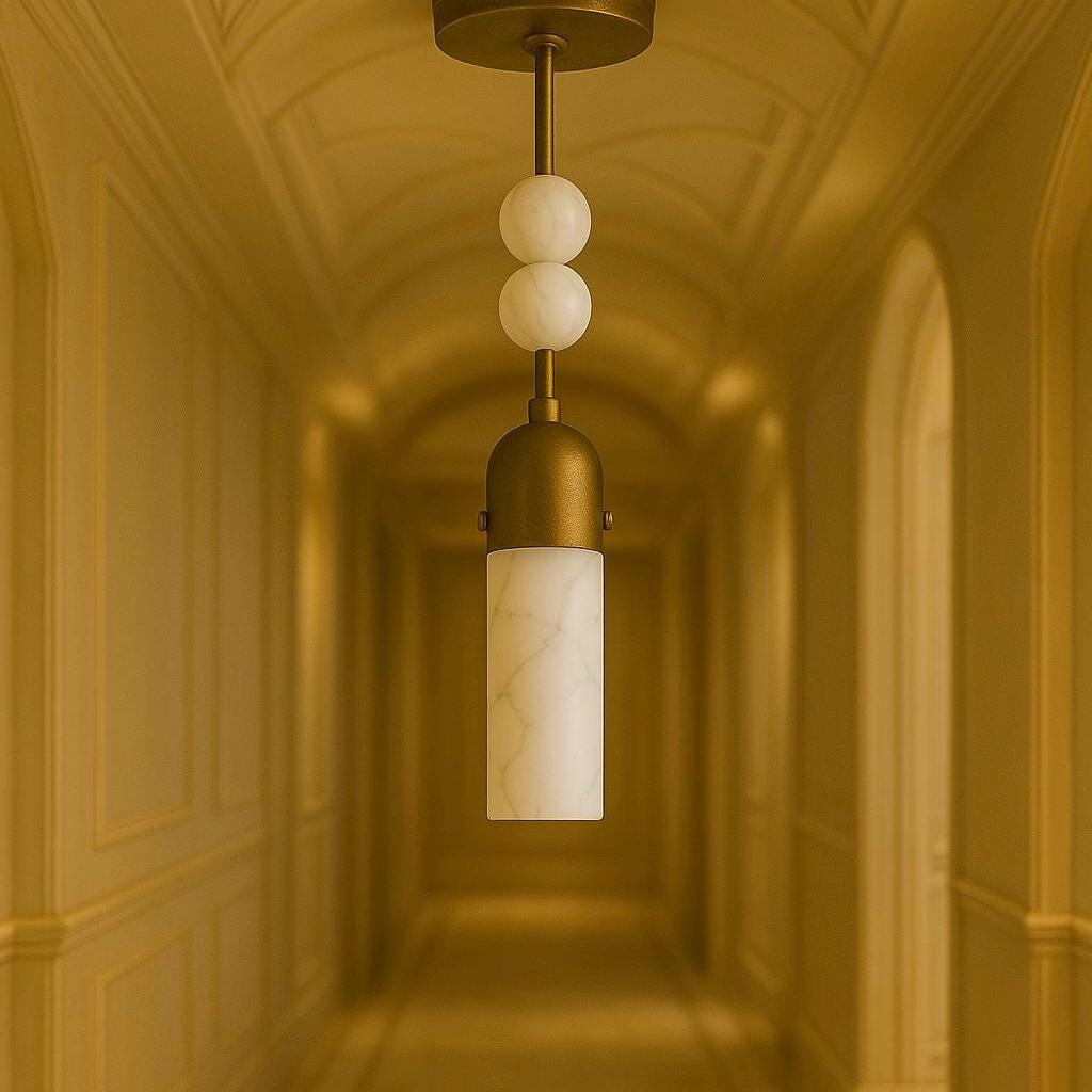 Alabaster pendant light with brass downrod and marble accents