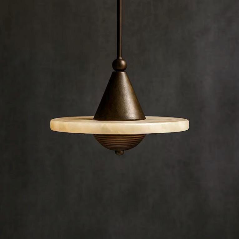 Alabaster disc pendant detail with spherical rod joint