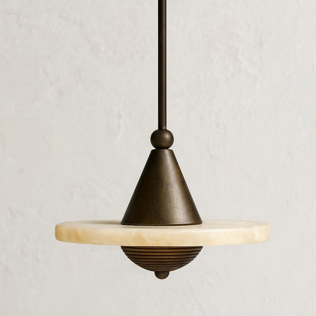 Dark bronze cone pendant with alabaster ring and ribbed base