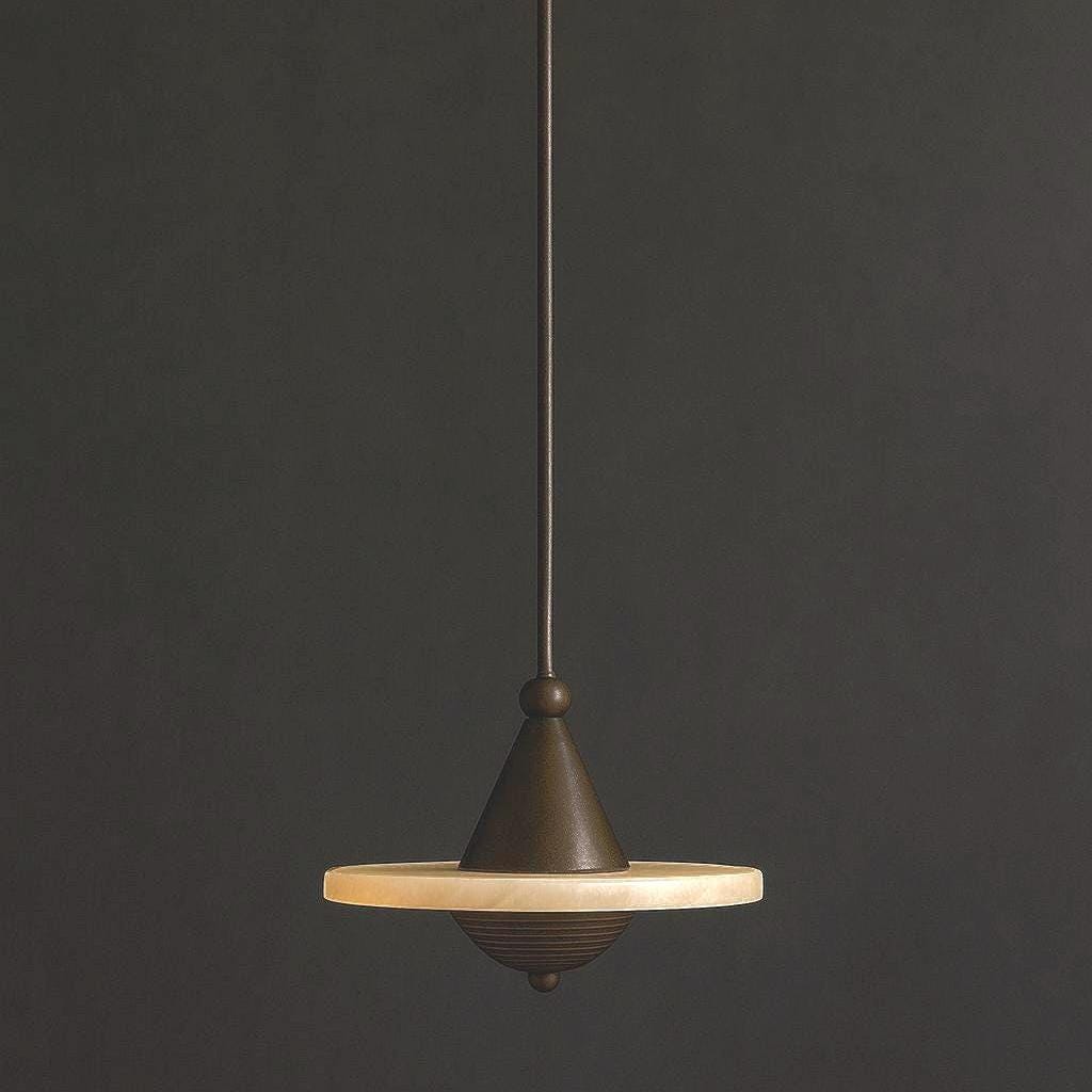 Alabaster disc pendant light in dark bronze