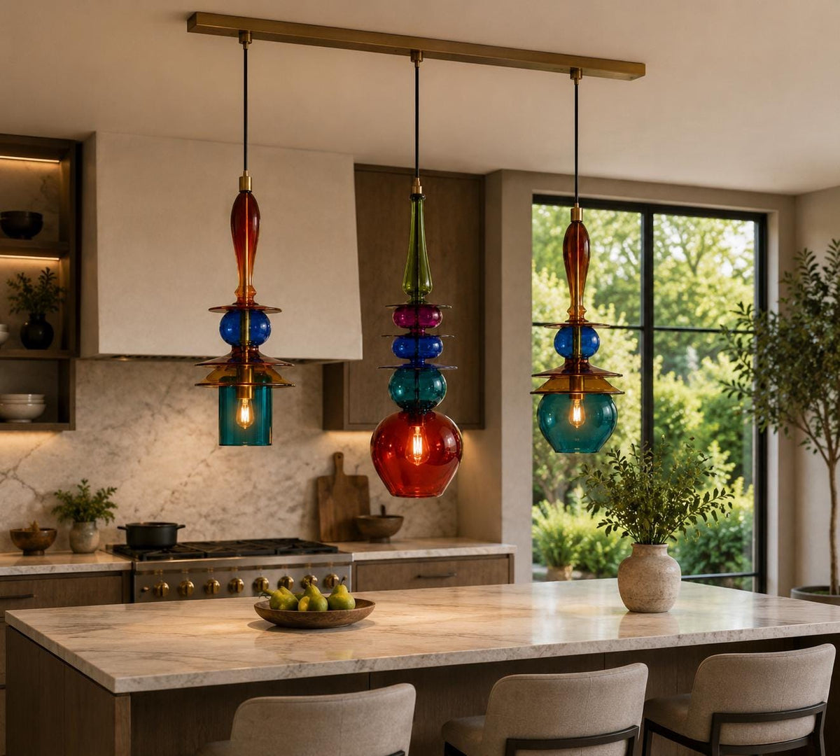 Handblown glass pendant lamp installed