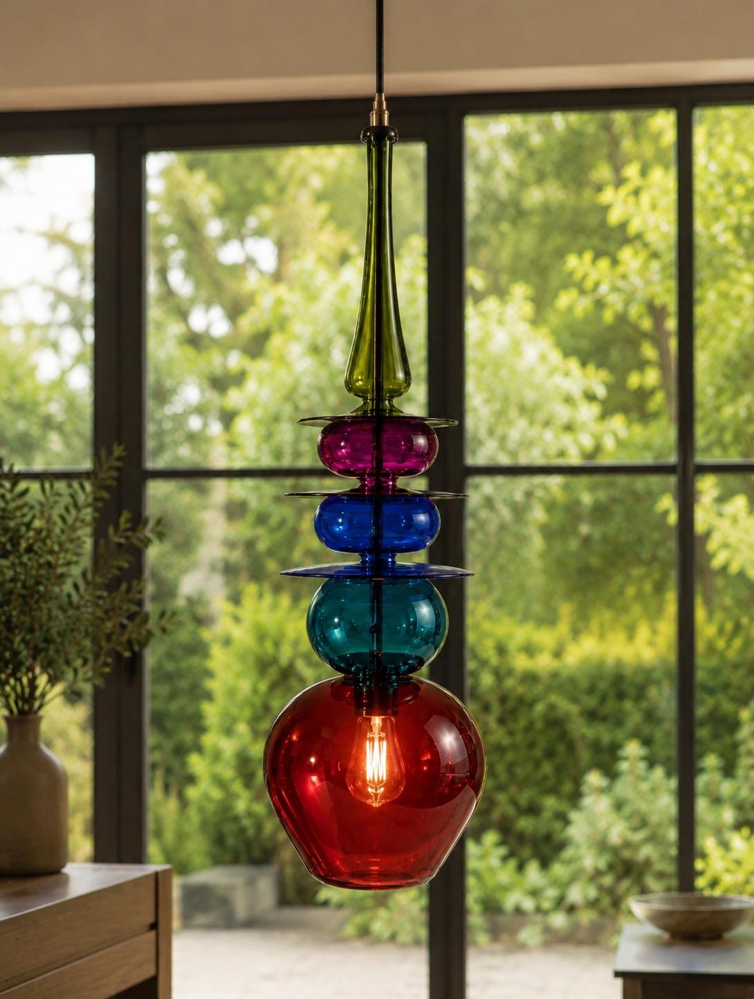 Glass pendant lamp with visible filament bulb