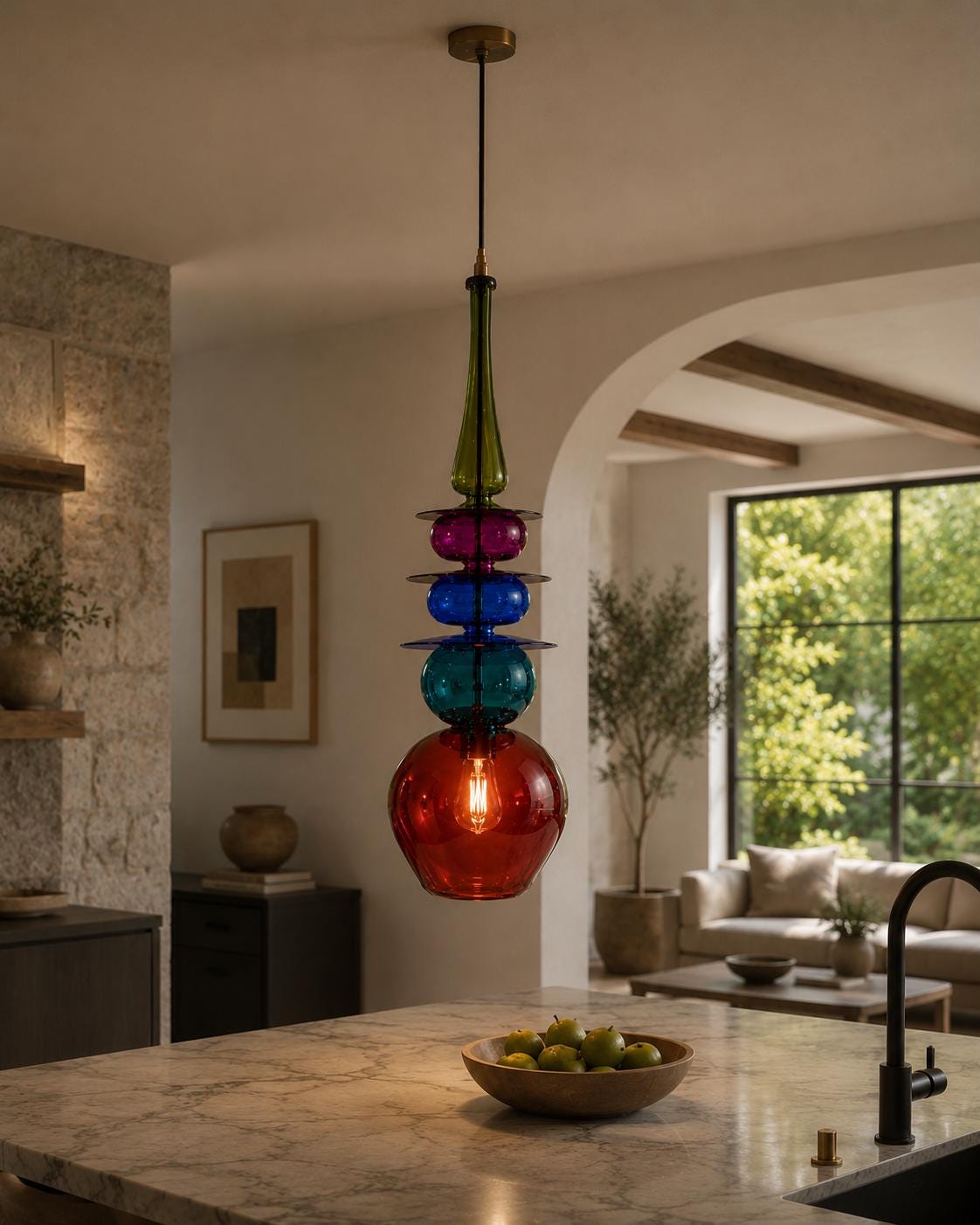 Multicoloured stacked glass pendant light on black cord