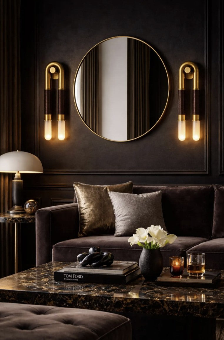 Handmade U-Shaped Brass Wall Sconce Light with Leather Accent, Mid Century Modern