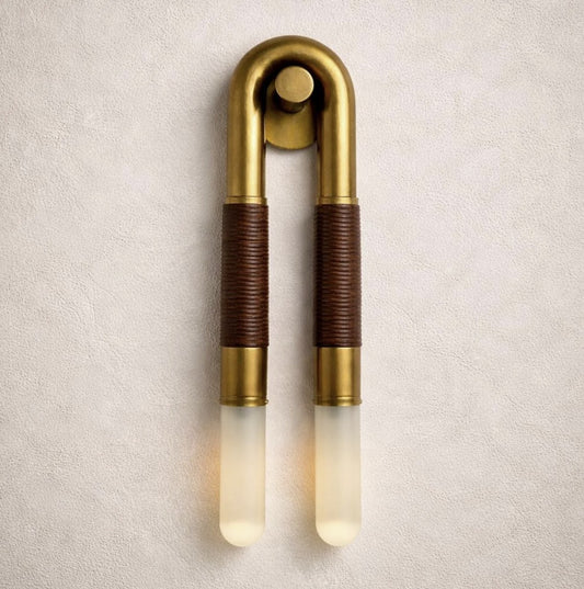 Handmade U-Shaped Brass Wall Sconce Light with Leather Accent, Mid Century Modern